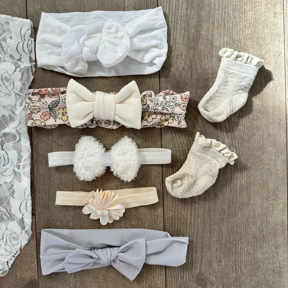 Baby girl boho accessory lot Headbands, lacey bodysuit, socks